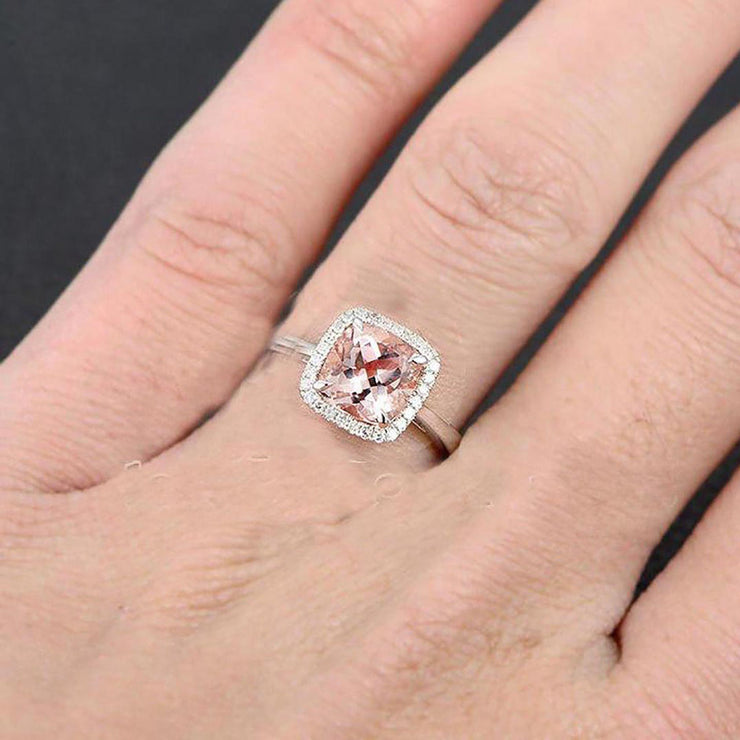 1.25 Carat Cushion Cut Peach Pink Morganite and Diamond Halo Engagement Ring 10k White Gold on Sale