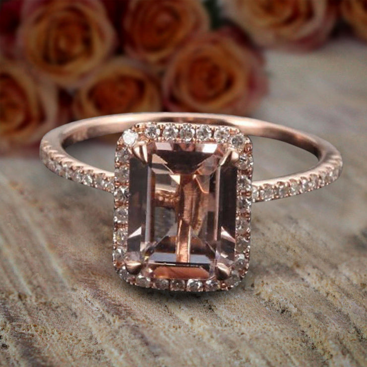 Limited Time Sale: 1.50 Carat Peach Pink Emerald Cut Morganite Diamond Engagement Ring 10k Rose Gold