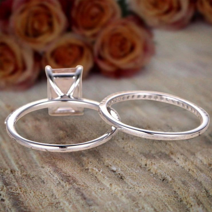 1.5 Carat Peach Pink Emerald Cut Morganite Diamond Engagement Ring Wedding Bridal Set 