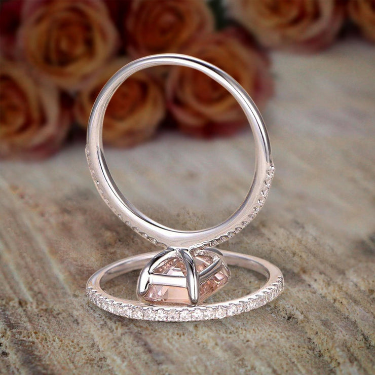 1.5 Carat Peach Pink Emerald Cut Morganite Diamond Engagement Ring Wedding Bridal Set 