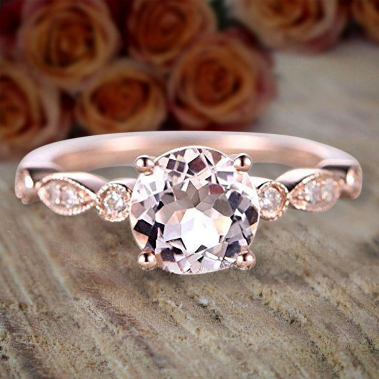 Antique Design 1.25 Carat Round Cut Morganite and Diamond Engagement Ring in 10k Rose Gold Jewelry