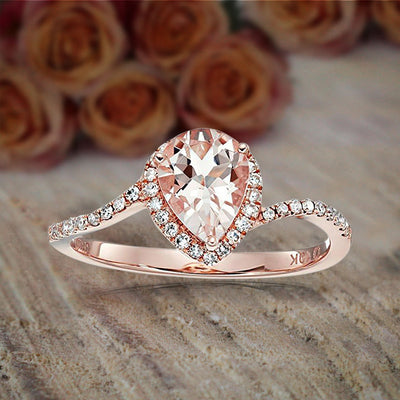 1.25 Carat Peach Pink Morganite (pear cut Morganite) and Diamond Engagement Ring in 10k Rose Gold