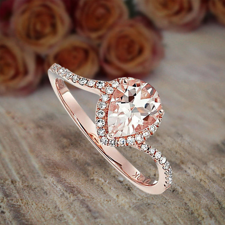 1.25 Carat Peach Pink Morganite (pear cut Morganite) and Diamond Engagement Ring in 10k Rose Gold