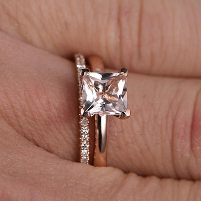Perfect Bridal Set on Sale 1.25 carat Princess Cut Morganite and Diamond Bridal Set on 10k Rose Gold