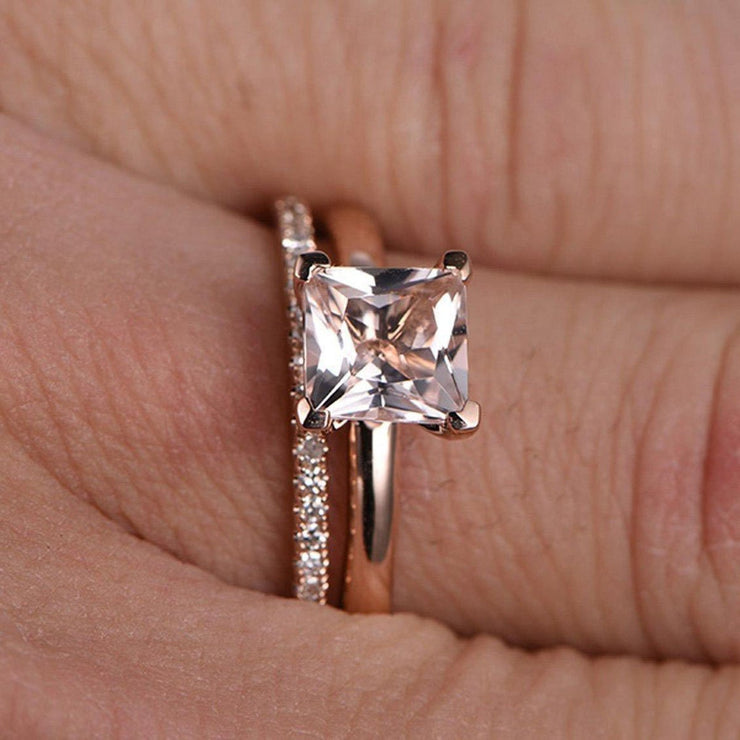 Perfect Bridal Set on Sale 1.25 carat Princess Cut Morganite and Diamond Bridal Set 