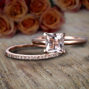 Perfect Bridal Set on Sale 1.25 carat Princess Cut Morganite and Diamond Bridal Set on 10k Rose Gold