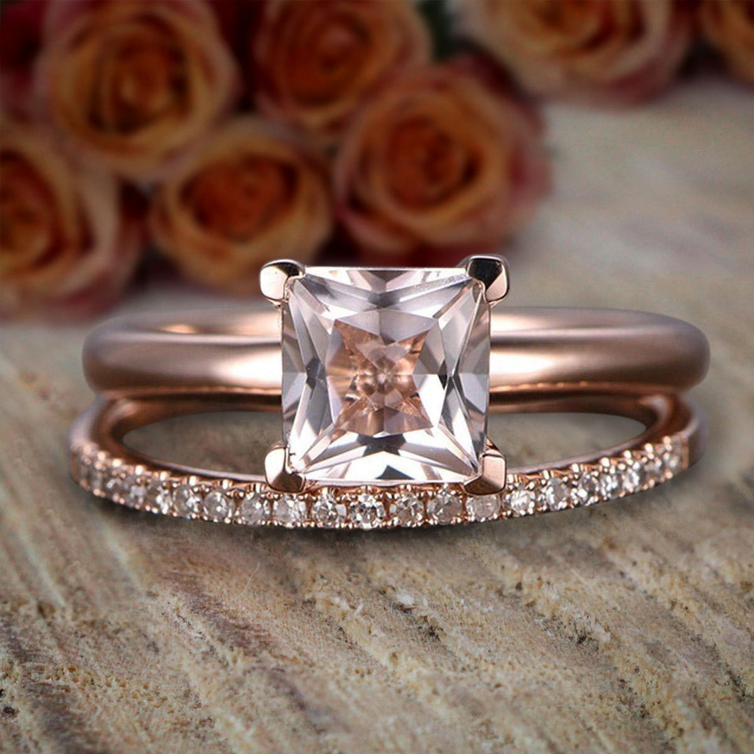 Perfect Bridal Set on Sale 1.25 Carat Princess Cut Morganite And Diamo agemz