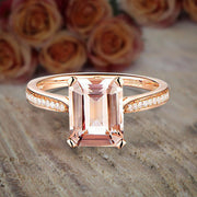 1.25 Carat Peach Pink Morganite (emerald cut Morganite) and Diamond Engagement Ring in 10k Rose Gold