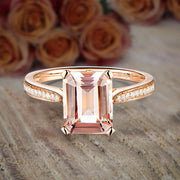 1.25 Carat Peach Pink Morganite (emerald cut Morganite) and Diamond Engagement Ring 