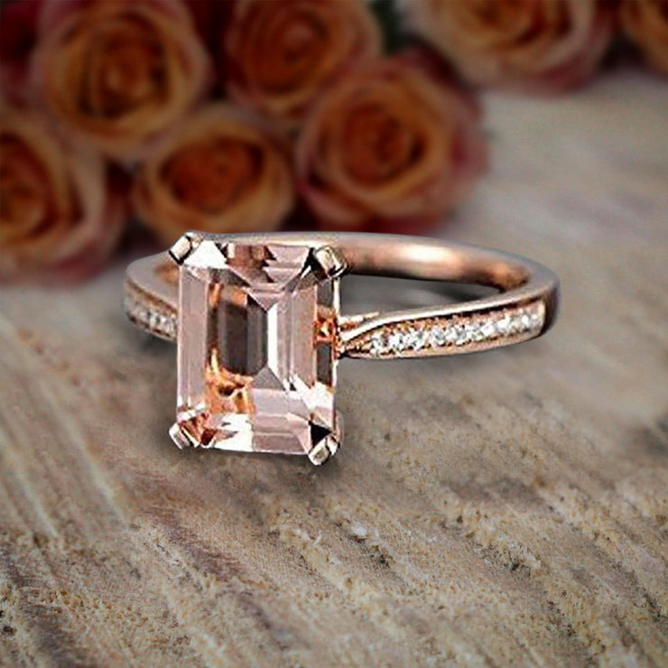 1.25 Carat Peach Pink Morganite (emerald cut Morganite) and Diamond Engagement Ring in 10k Rose Gold