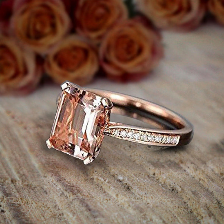 1.25 Carat Peach Pink Morganite (emerald cut Morganite) and Diamond Engagement Ring 