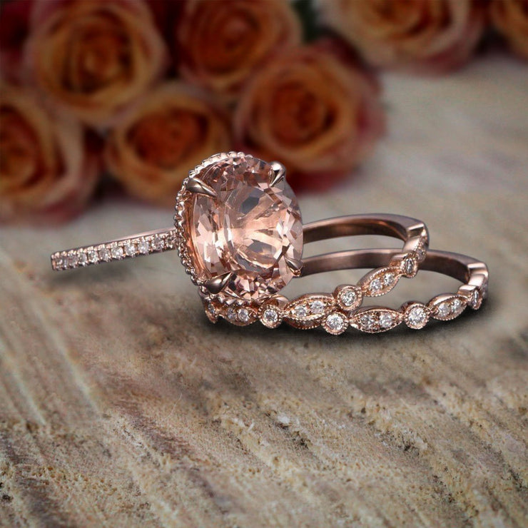 Limited Time Sale 2 carat Morganite and Diamond Trio Ring Set with One Engagement Ring and 2 Wedding Bands