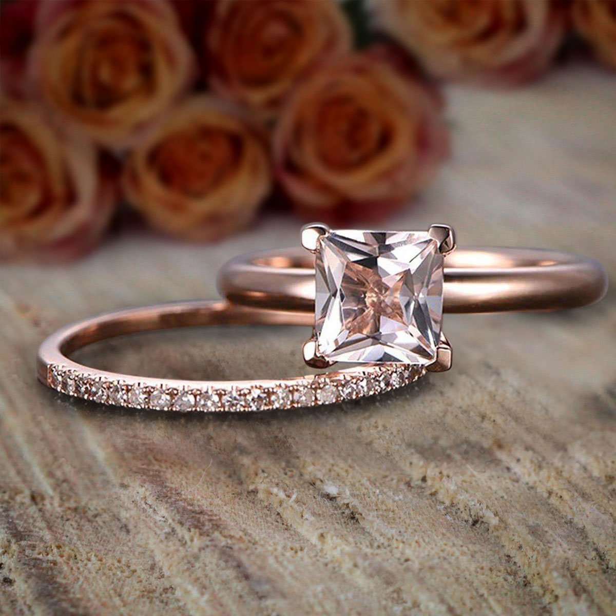 Rose Gold Princess Princess Cut Engagement Ring Band Set Carat