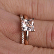 1.25 Carat Princess Cut Morganite and Diamond Engagement Bridal Wedding Ring Set 