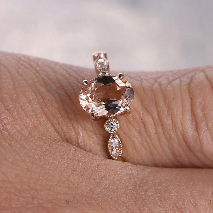 Limited Time Sale 1.25 carat Oval Cut Morganite and Diamond Engagement Ring in 10k Rose Gold
