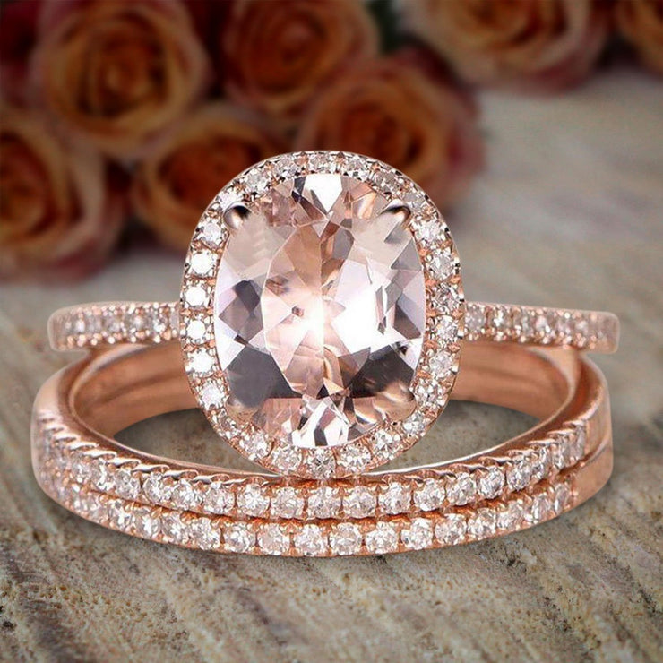 2 carat Morganite and Diamond Trio Ring Set for her