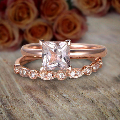 1.25 Carat Princess Cut Morganite & Diamond Engagement Bridal Wedding Ring Set in 10k Rose Gold Sale