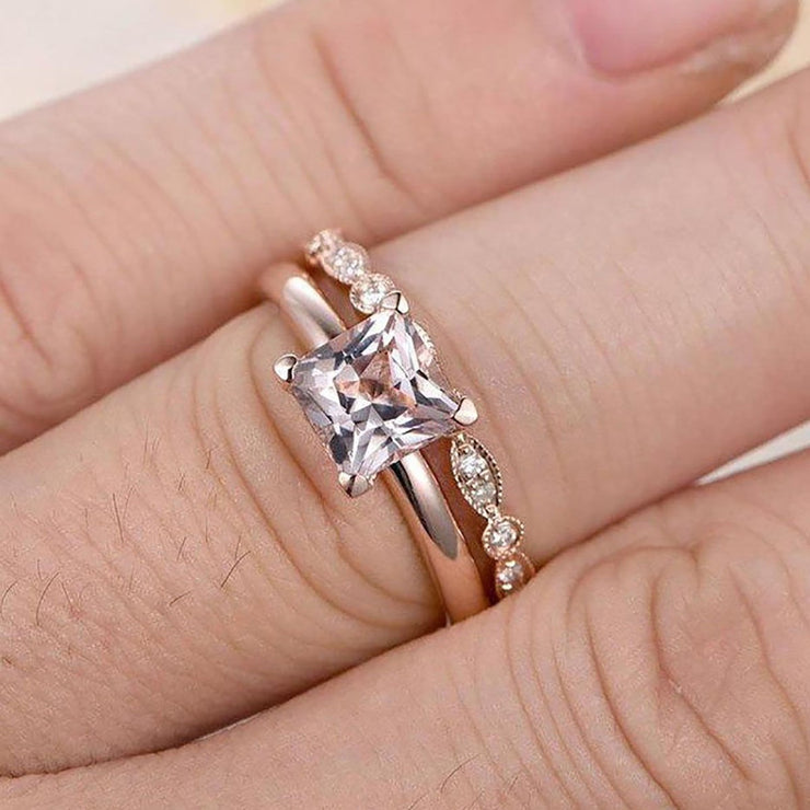 1.25 Carat Princess Cut Morganite & Diamond Engagement Bridal Wedding Ring Set Sale