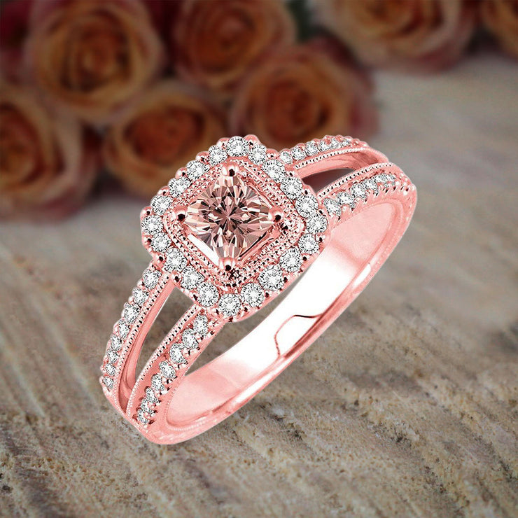 1.50 carat Morganite and Diamond Engagement Ring Halo Ring for Women in 10k Rose Gold