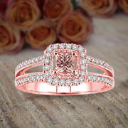 1.50 carat Morganite and Diamond Engagement Ring Halo Ring for Women 