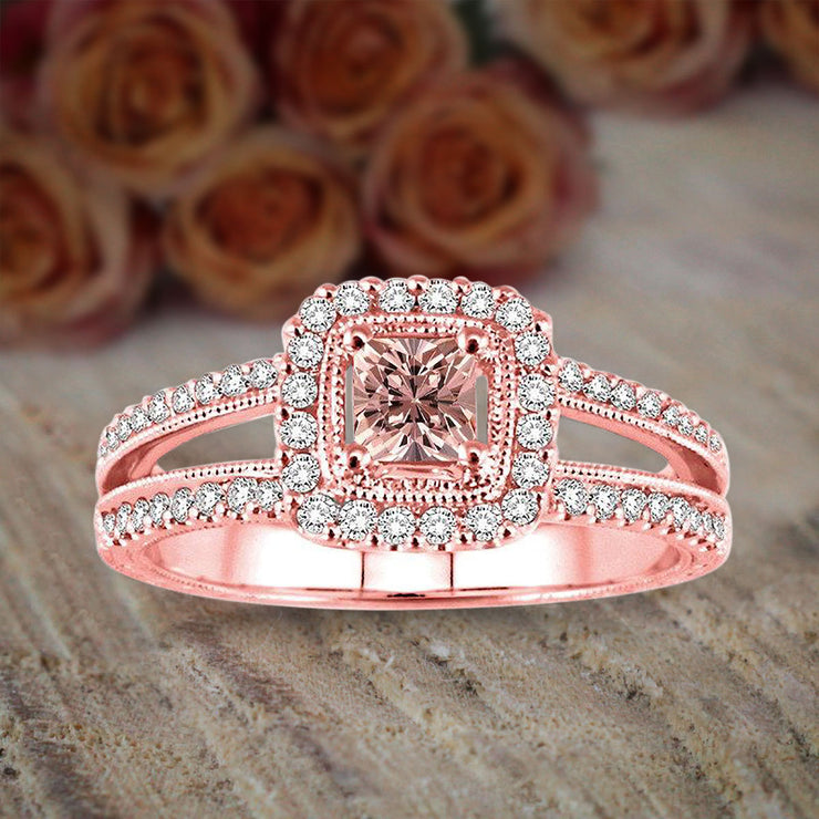 1.50 carat Morganite and Diamond Engagement Ring Halo Ring for Women in 10k Rose Gold