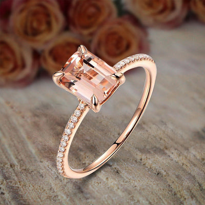 Limited Time Sale: 1.25 Carat Emerald Cut Morganite and Diamond Engagement Ring in 10k Rose Gold