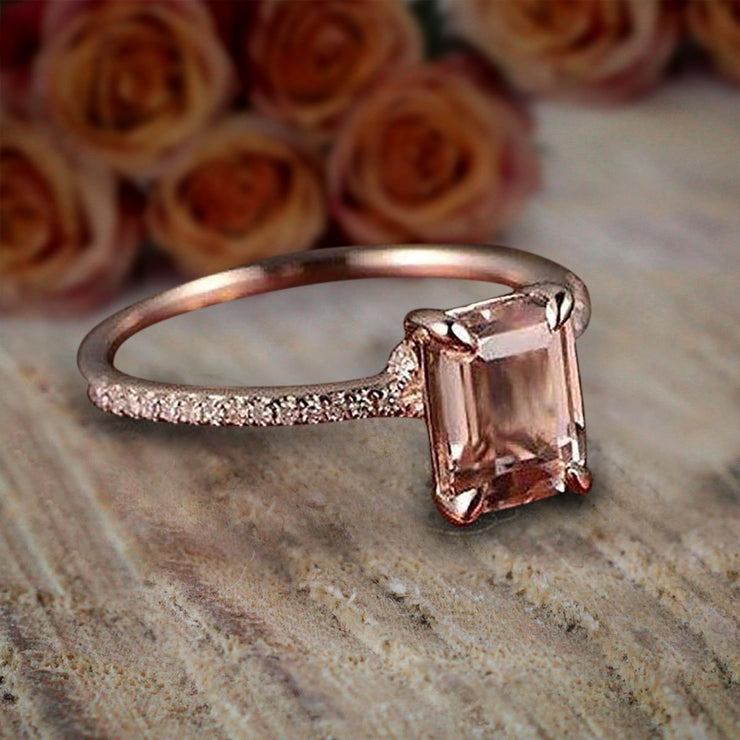 Limited Time Sale: 1.25 Carat Emerald Cut Morganite and Diamond Engagement Ring 