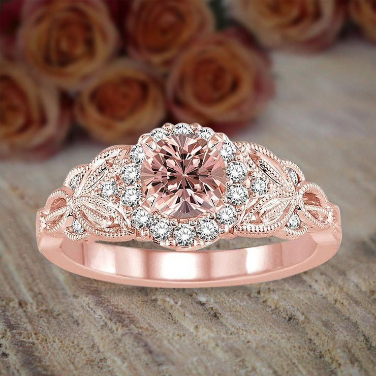 1.25 Carat Peach Pink Morganite (Round Cut Morganite) Diamond Engagement Ring Jewelry