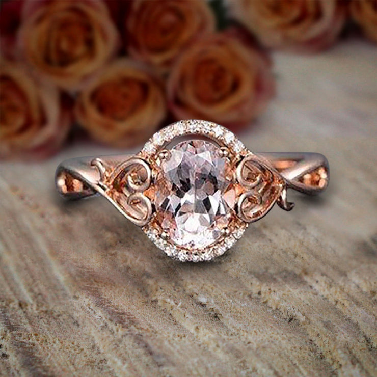 Sale 1.25 Carat Oval Cut Morganite and Diamond Engagement Ring Wedding Ring in 10k Rose Gold Jewelry