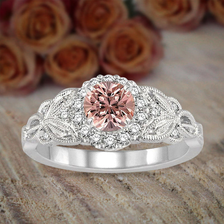 1.25 Carat Morganite Round cut Diamond Engagement Ring in 10k White Gold Ring Huge Desinger Sale