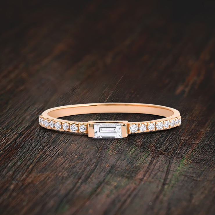 Art Deco Stackable Baguette Ring with Moissanite Diamond on Solid Gold Setting