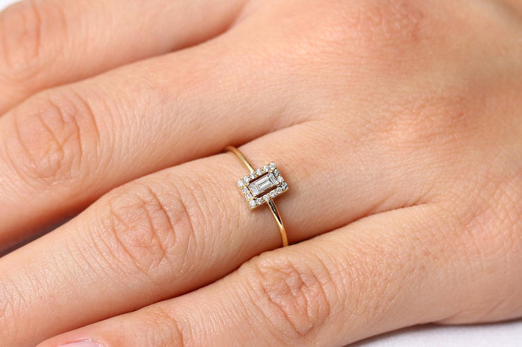 0.50 Carat Baguette Moissanite Diamond Halo Engagement Ring 10k Gold
