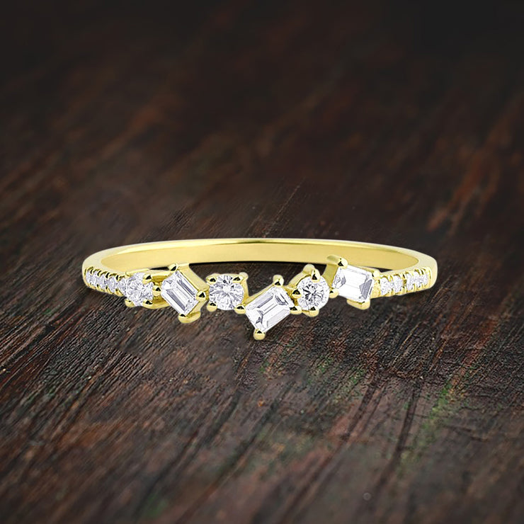 Modern Baguette and Round Diamond Moissantie Engagement Ring on 10k Gold