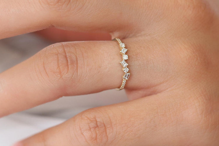 Modern Baguette and Round Diamond Moissantie Engagement Ring on 10k Gold
