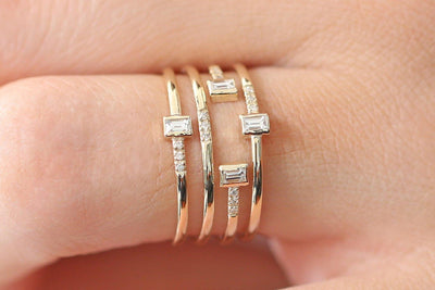 Stackable 4 Ring Set Moissanite Diamond Baguette and Round Diamonds on 10k Gold