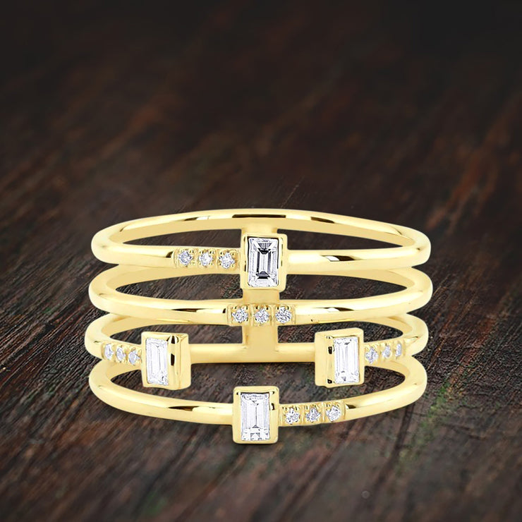 Stackable 4 Ring Set Moissanite Diamond Baguette and Round Diamonds on 10k Gold