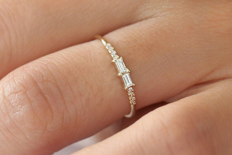Adorable Baguette and Round Diamond Moissanite Engagement Ring