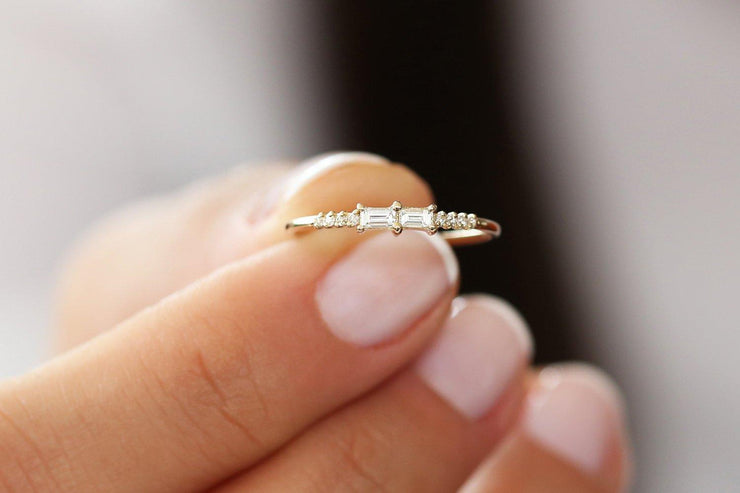 Adorable Baguette and Round Diamond Moissanite Engagement Ring