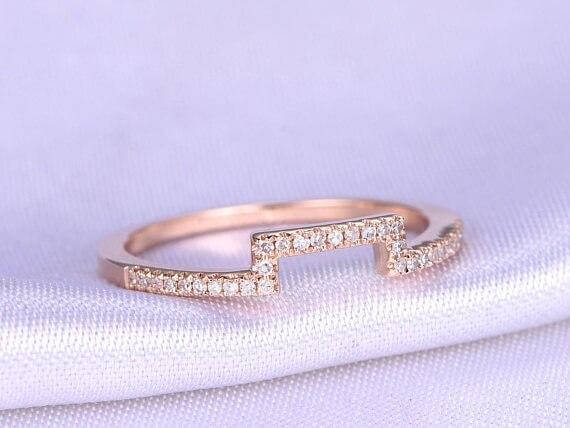 0.50 Carat 10k Rose Gold Wedding Band with Diamonds Anniversary Ring Curved Stretch Design Antique Style Band