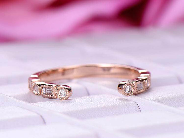 0.25 Carat Moissanite bridal Half Eternity Wedding Band 6mm Open gap wedding Band Round cut in Silver with 18k Rose Gold Plating