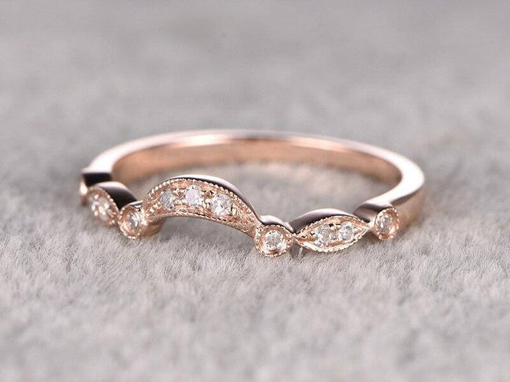 0.25 Carat 10k Rose Gold Wedding Band with Diamonds Anniversary Ring Flower Design Antique Style Band