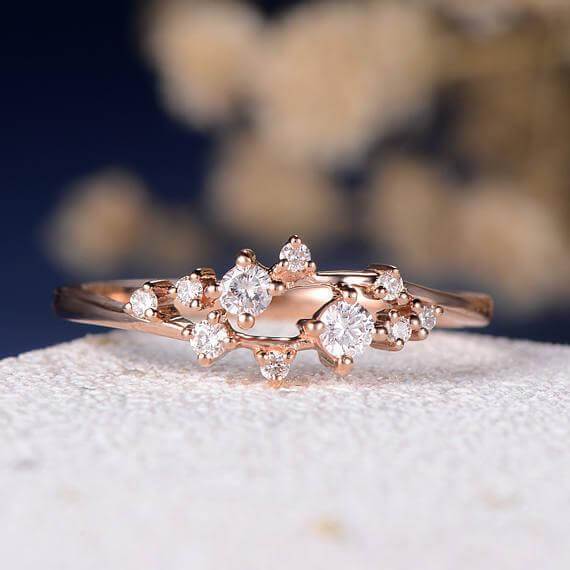 0.50 Carat Moissanite Cluster Ring Twig Engagement Ring Floral Unique Wedding Band Snowflake Design in Silver with 18k Rose Gold Plating