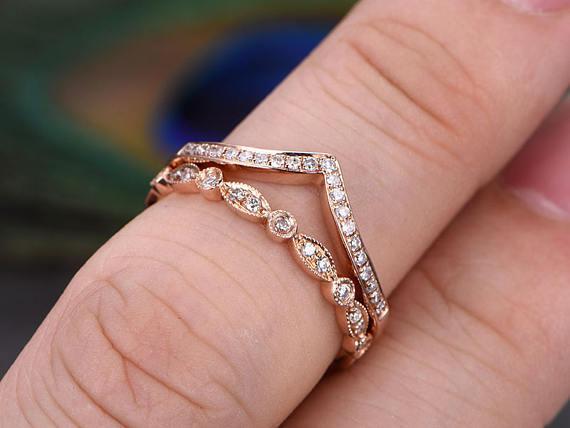 Art Deco 1.00 Carat 2 pcs Diamond Wedding Ring Set Stacking Curved Design anniversary band set in Silver with 18k Rose Gold Plating