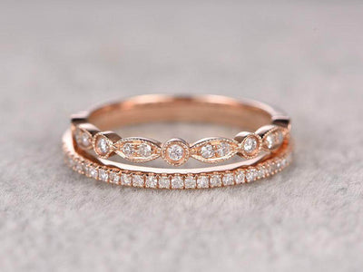 1.00 Carat 2 pcs Diamond Wedding Ring Set Stacking Curved Design art deco Ring set in Silver and 18k Rose Gold Plating