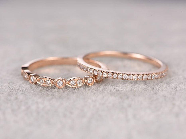 1.00 Carat 2 pcs Diamond Wedding Ring Set Stacking Curved Design art deco wedding band anniversary Ring set