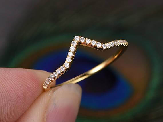0.25 Carat Curved V Style diamond Wedding ring Anniversary ring 10k Rose gold Half Eternity Matching Band