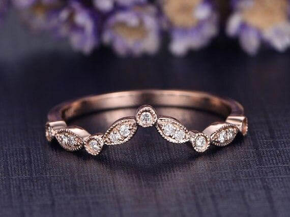 0.25 Carat 10k Rose Gold Wedding Band with Diamonds Anniversary Ring Antique Flower V Design Antique Style Band