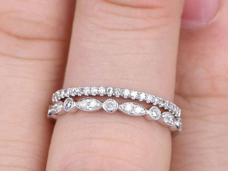 0.5 Carat 2 pcs Moissanite Diamond Wedding Ring Set Stacking Art Deco Wedding Band Ring Set 10k White Gold