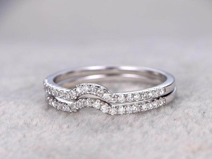 0.5 Carat 2 pcs Diamond Wedding Ring Set Stacking Curved art deco wedding band Ring set 10k Wihte Gold