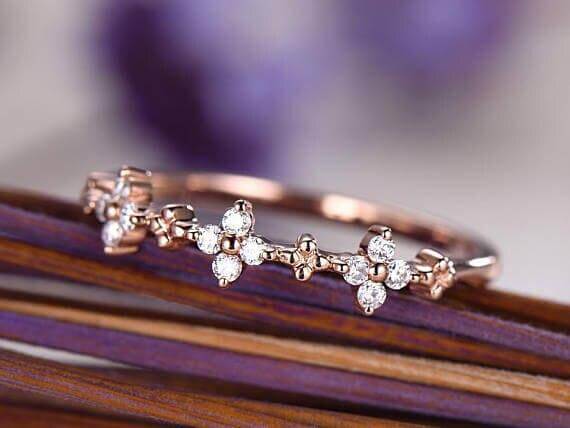 0.50 Carat Diamond Wedding Ring Solid 10k Rose Gold Half Eternity Milgrain Floral Anniversary ring Promise Ring